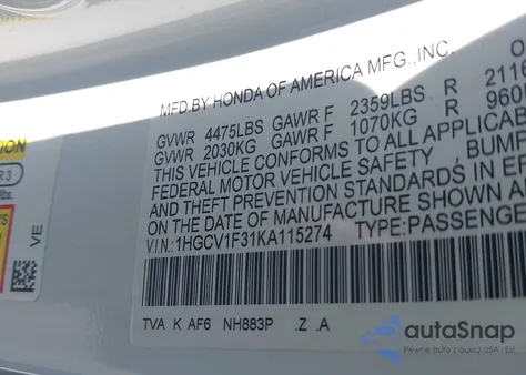 2019 Honda Accord Sport из США, поврежденный, VIN 1HGCV1F31KA115274